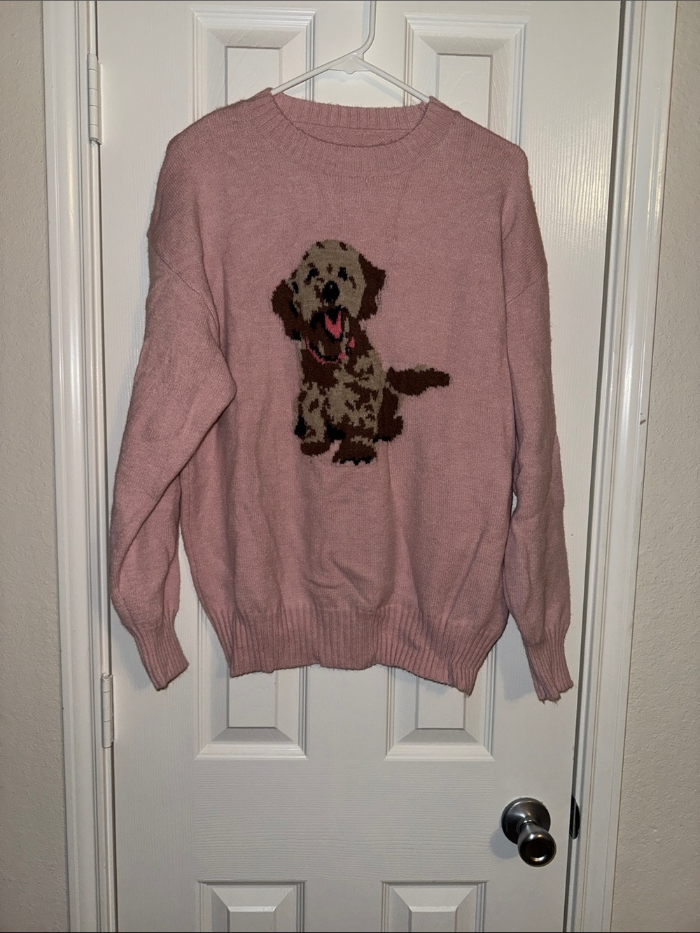 Cozy Pink Dog Motif Crewneck Sweater